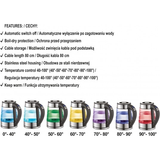 CZAJNIK EL. SZKLANY LED 1,7L REGUL.TEMP -zdjęcie numer 7