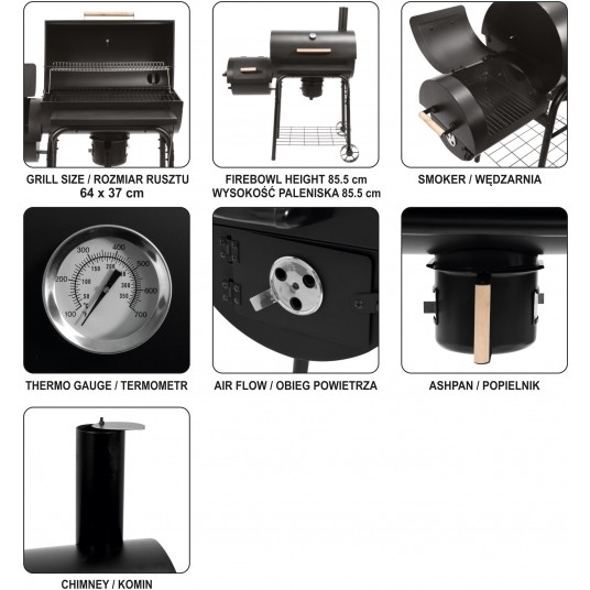 GRILL WĘGLOWY Z WĘDZARNIĄ XXL, 64X37 -zdjęcie numer 9