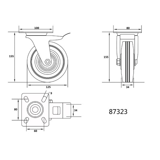 KÓŁKO SKRĘTNE CZARNA GUMA HAMULEC 125MM -zdjęcie numer 2