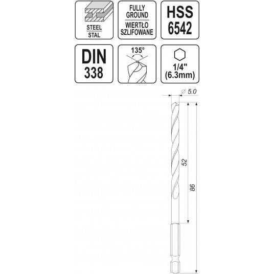 WIERTŁO DO METALU HSS 6542 5,0MM HEX -zdjęcie numer 4