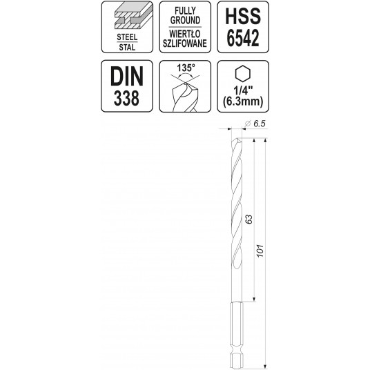 WIERTŁO DO METALU HSS 6542 6,5MM HEX -zdjęcie numer 4