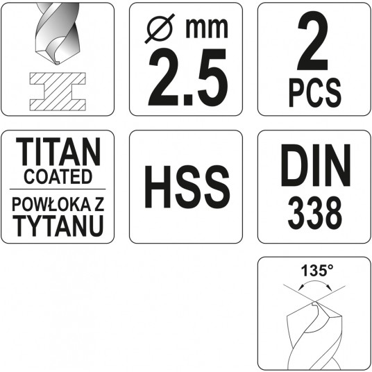 WIERTŁO DO METALU HSS-TiN 2,5 MM - 2 SZT -zdjęcie numer 3