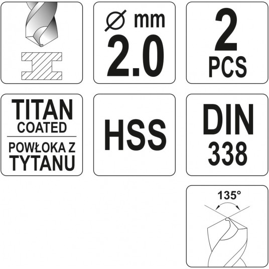 WIERTŁO DO METALU HSS-TiN 2 MM - 2 SZT -zdjęcie numer 3