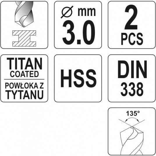 WIERTŁO DO METALU HSS-TiN 3 MM - 2 SZT -zdjęcie numer 3